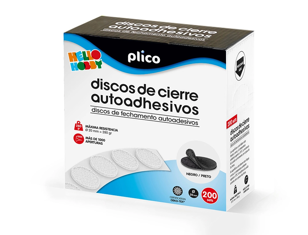 [165314] Disco de cierre plico velcro autoadhesivo 20 mm diametro color negro caja de 200 unidades