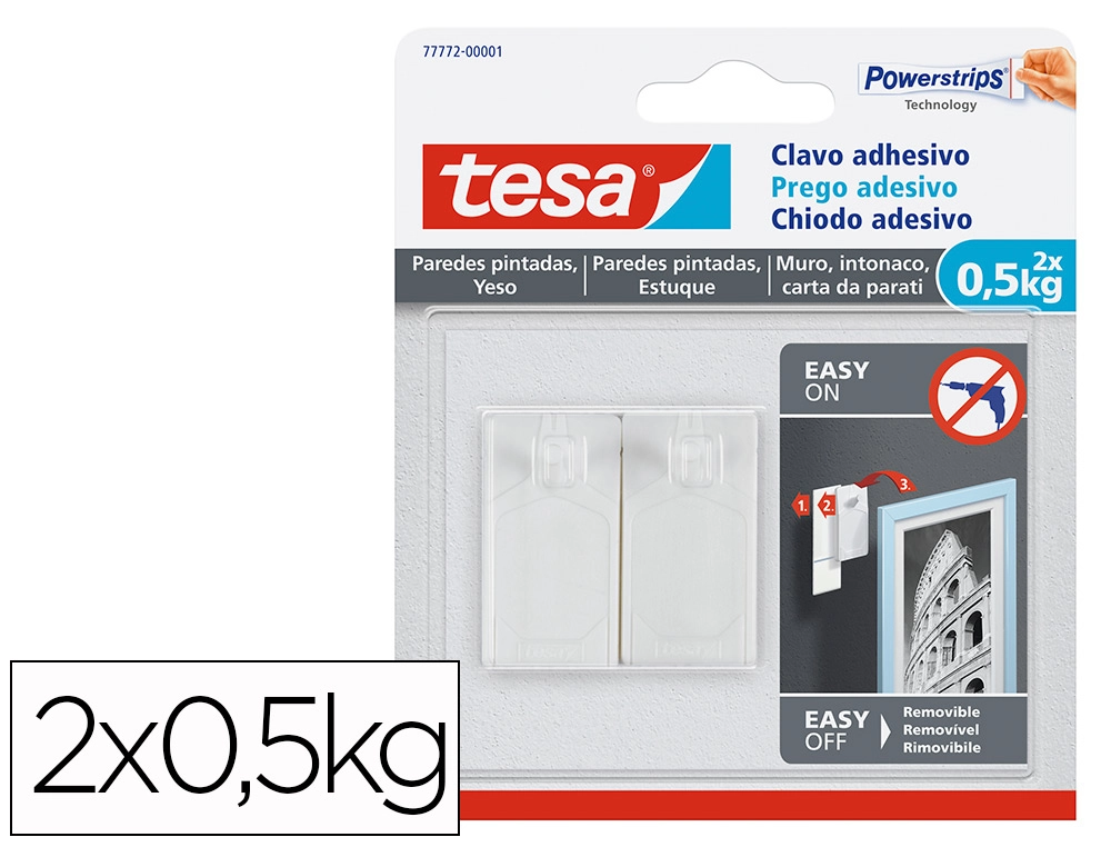 [160541] Clavo autoadhesivo tesa sujecion hasta 0,5 kg uso paredes pintadas removible blister de 2 unidades
